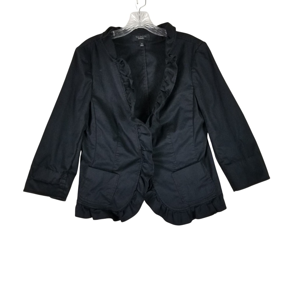 Talbots Blazer Women 10 Black Ruffle Trim 3/4 Sleeve Cotton Blend Open Front